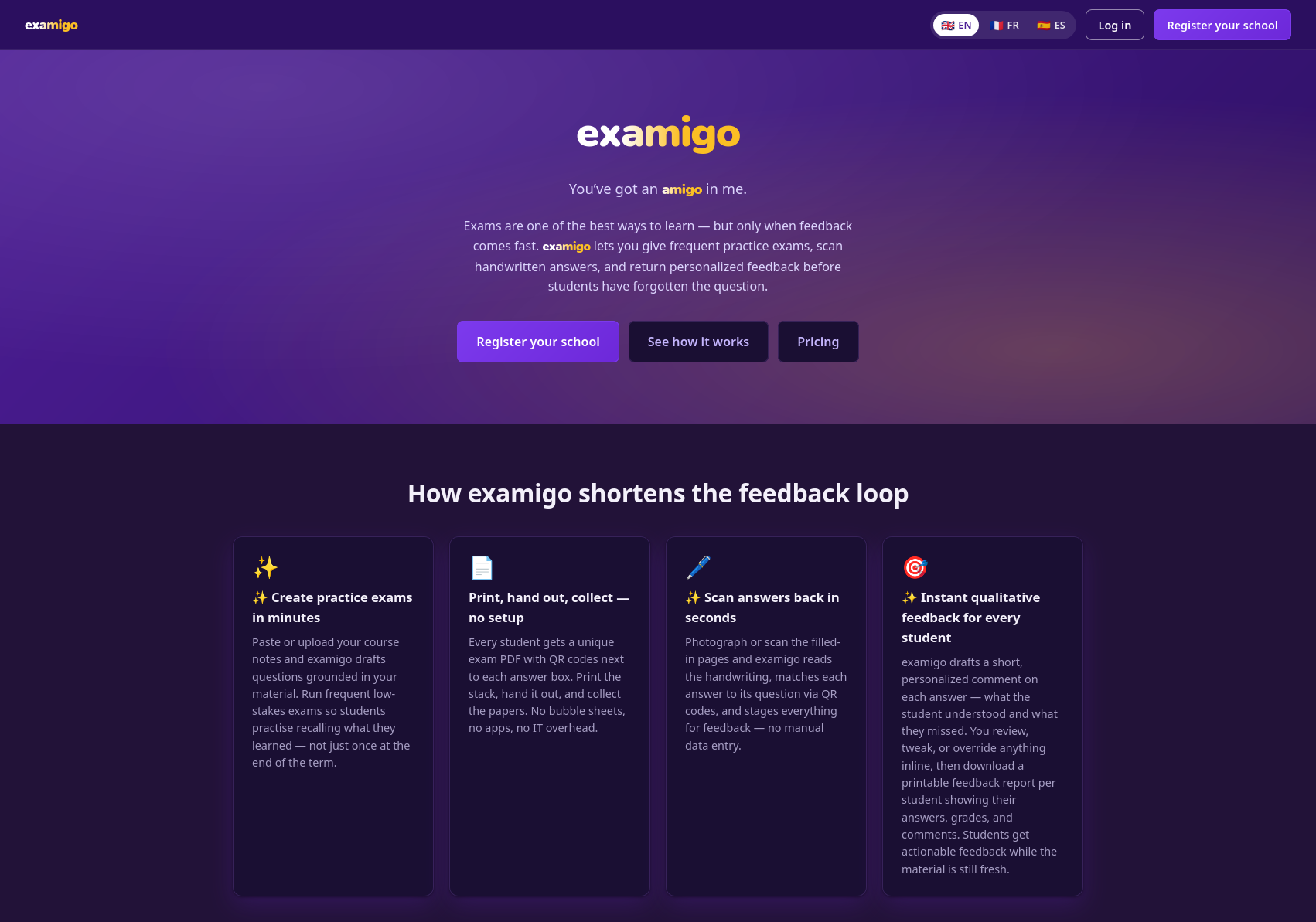 examigo application screenshot showing the landing page and feedback loop features